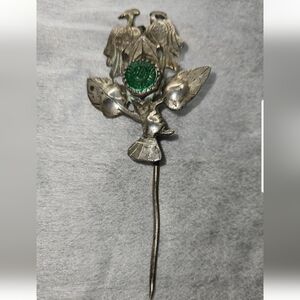 Antique Peruvian Spanish Tupu Silver Shawl Pin Hand Grasping Leaves Peacock